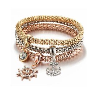 Stretch Bracelet Beaded Rhinestone Gold Bangle Set